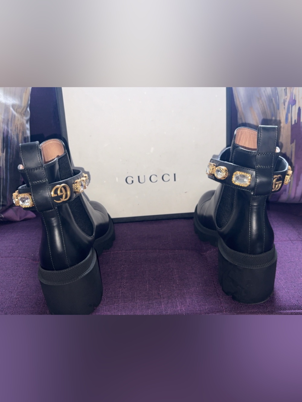 Gucci Black Leather Platform Ankle Boots with Gold Crystal Accents
